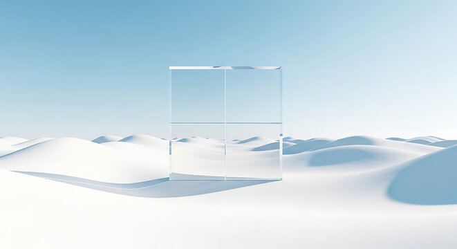 Minimalist transparent glass cube structure in snowy winter landscape with minimalist structure landscape transparency geometric reflection architecture environment conceptual abstract