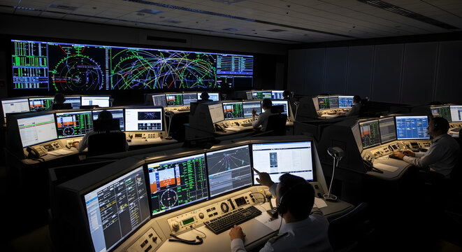 Air traffic control room with multiple screens and operators