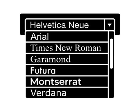 Black silhouette of a font selection menu with multiple options