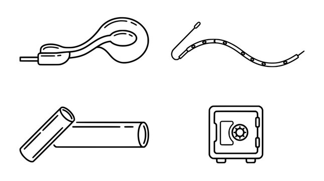 Brachytherapy medical equipment vector icons set. Technical line art of radiotherapy gynecological applicator, radioactive seed catheter, interstitial tubes, and radiation source safe.