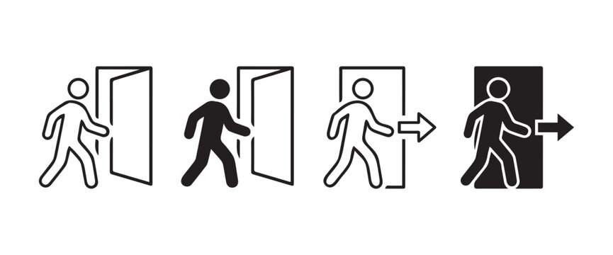 Emergency exit and entry door icon set with walking person and arrow vector silhouettes	