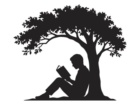 Silhouette of a person reading a book under a tree