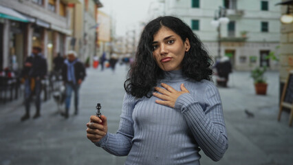 Fototapeta premium Arab woman holding vape device with one hand and palm pressed to chest in a busy street scene; surprise apology.