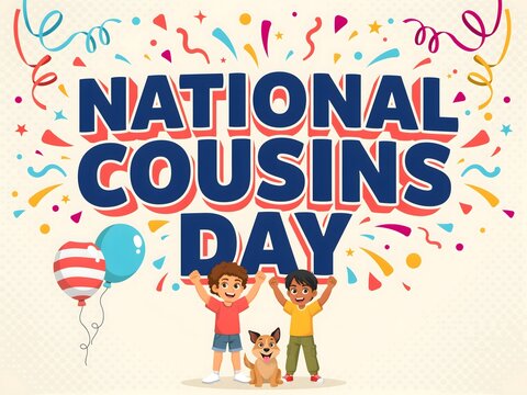 Happy children celebrating national cousins day with colorful balloons