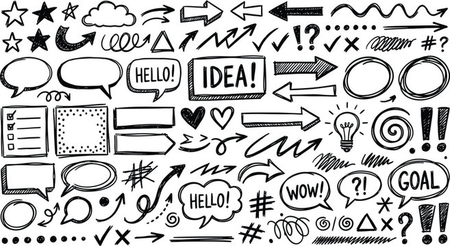 Black and white doodle illustration elements set