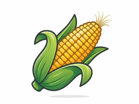 cartoon corn on the cob with green leaves isolated