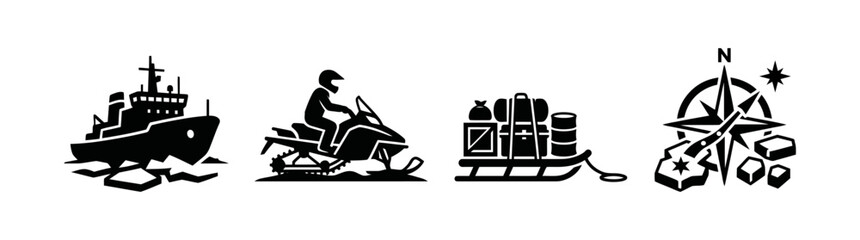 Arctic Expedition and Polar Travel Icon Set Featuring Ship, Snowmobile, Sled, and Navigation Tools for Winter Adventure © TIFA