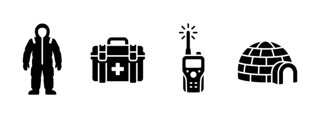 Arctic Survival Gear and Shelter Icon Set Featuring Winter Clothing First Aid Radio and Igloo Designs for Extreme Climate Readiness © TIFA
