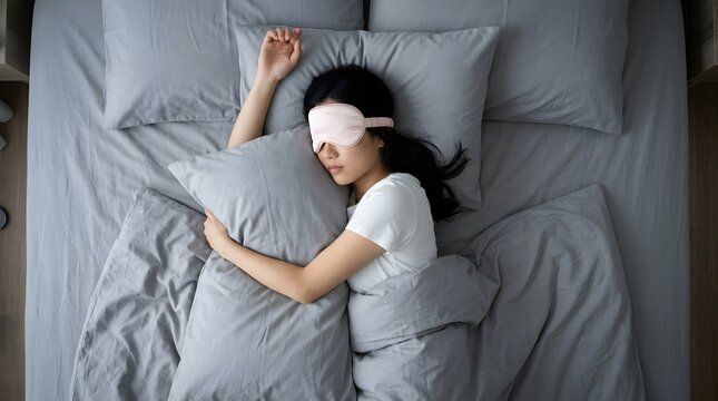Young Asian Woman Sleeping Peacefully with Pink Eye Mask on Gray Bed Sheets Overhead View