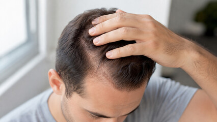 Fototapeta premium Man Examining Thinning Hair on Scalp