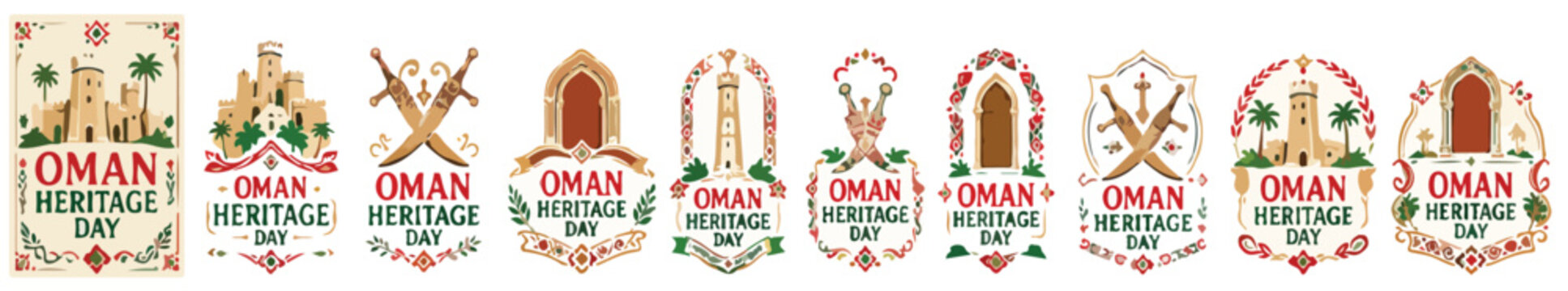 Oman Heritage Day vintage emblem collection, 11 traditional Omani cultural icons with fort architecture and crossed swords, retro Middle Eastern vector set