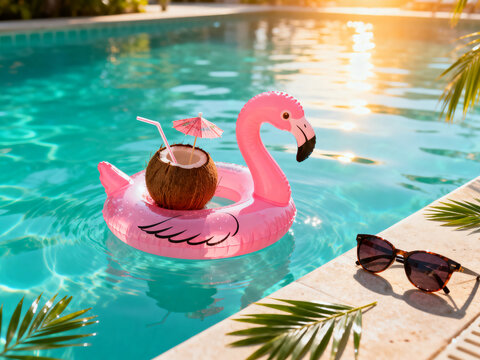 Poolside vacation scene with pink flamingo float, coconut drink, palm leaves, sunglasses, and golden sunlight for tropical resort lifestyle
