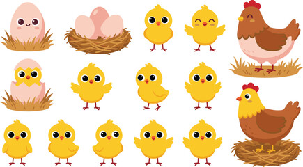 Naklejka premium Cute cartoon chicken hen and baby chick vector set for Easter holiday decoration design graphics