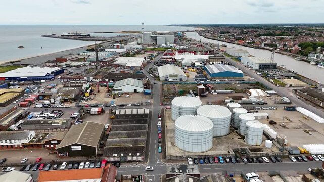 Drone shot of industrial port area of Great Yarmouth, Norfolk, United Kingdom