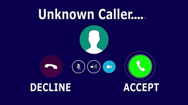 Unknown Caller Screen Animation with Accept and Decline Buttons, Smart phone Calling Interface on Blue Background.