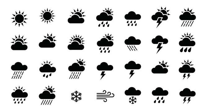Weather forecast icons set symbols for sunny cloudy rainy snowy windy conditions