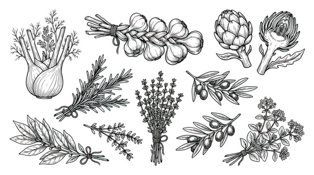 Vintage hand drawn herbs and vegetables vector set, engraved botanical illustrations of garlic, rosemary, fennel and olives, rustic culinary sketches