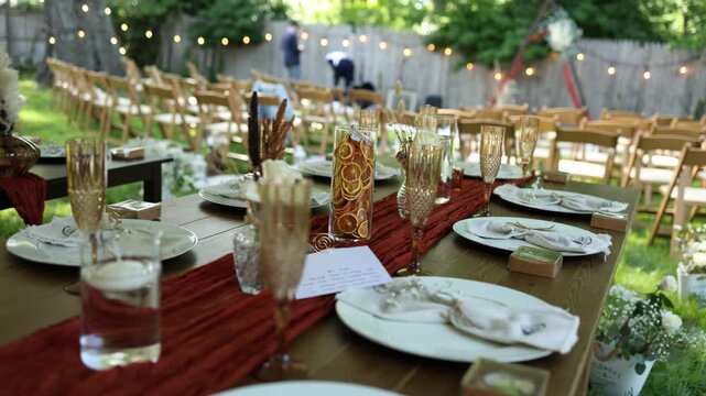 Backyard wedding table setup in garden