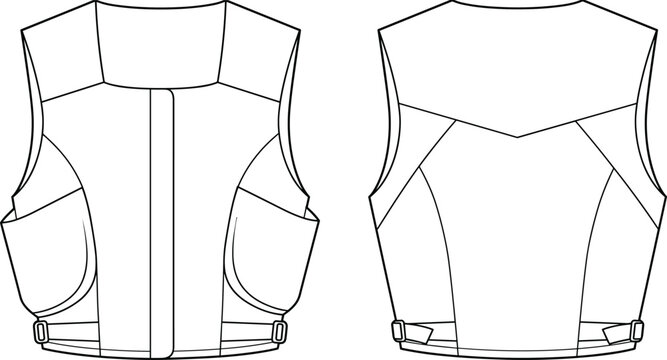 Women's Utility Cargo Vest Technical Fashion Flat with Front and Back Views and Adjustable Side Straps