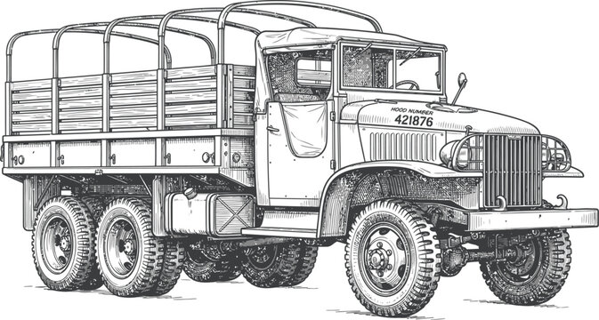 Truck stands as a detailed monochrome line art drawing of a classic military transport vehicle with a cargo bed and heavy-duty wheels.
