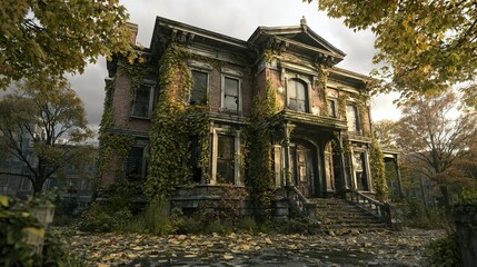 Obraz premium Timeless grandeur: An imposing stately mansion, once magnificent, now stands forlornly amidst autumn's embrace, hinting at forgotten stories under a cloudy twilight sky