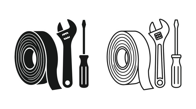 Air conditioning tools and supplies black silhouette on white background