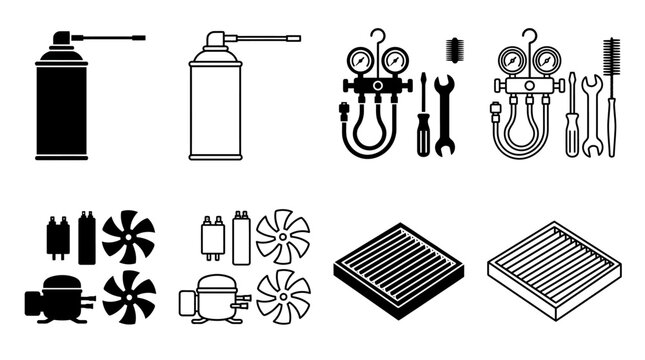 Ac Maintenance Tools And Supplies Black Line Art Icons On White