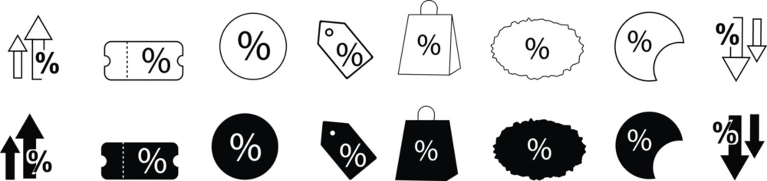  Percent, rate, increase, coupon, proportion, sale, badge, shopping label, tag, discount sticker symbol on white background. Discount promotion icon set.-stock vector