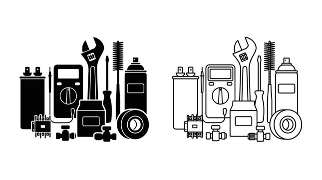 Ac Maintenance Tools Collection Black And White Vector Illustration