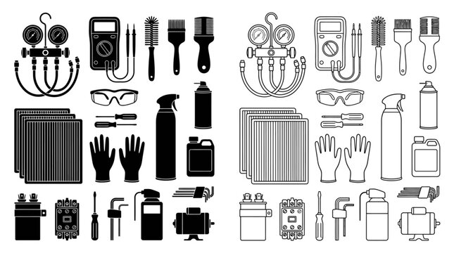 Ac Maintenance Tools Silhouette Collection On White Background