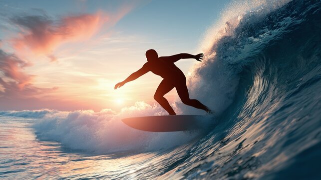 Silhouette of a surfer expertly riding a powerful ocean wave as the sun sets, casting a radiant glow across the water and sky, evoking a sense of adventure and freedom in nature