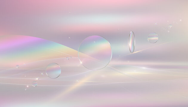Abstract pastel background with soft rainbow waves and transparent bubbles パステルカラーの背景に広がる柔らかな虹色の波と透明な泡のイラスト