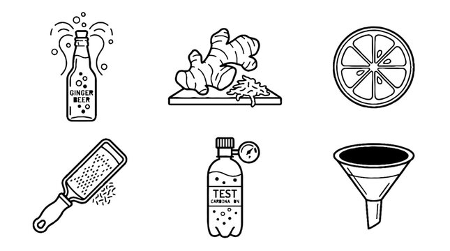 Set of black and white line art icons for homemade ginger beer brewing process.