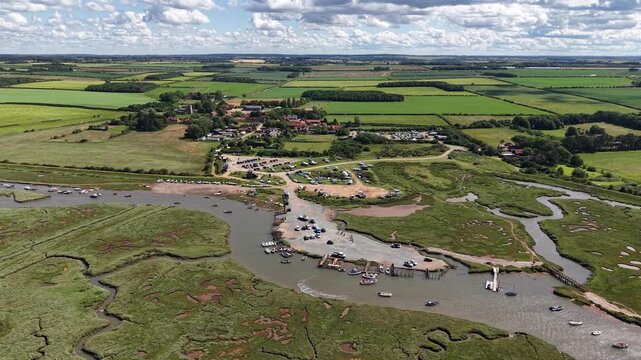 Drone shot of Morston Quay in Blakeney National Nature Reserve, UK