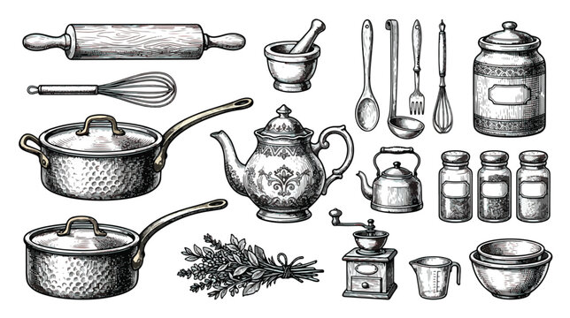 Vintage kitchenware collection, hand drawn sketch of rustic cooking utensils and tools, antique culinary equipment set for restaurant menus