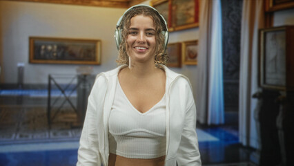 Fototapeta premium Woman young curly hair wearing headphones raises hand to head revealing midriff while smiling in a building; joy curiosity.
