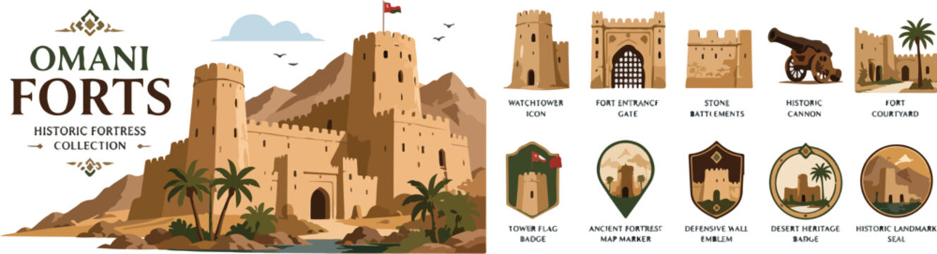 Omani Forts historic fortress collection, traditional Arabian castle architecture vector, desert landscape icons and ancient stone battlements