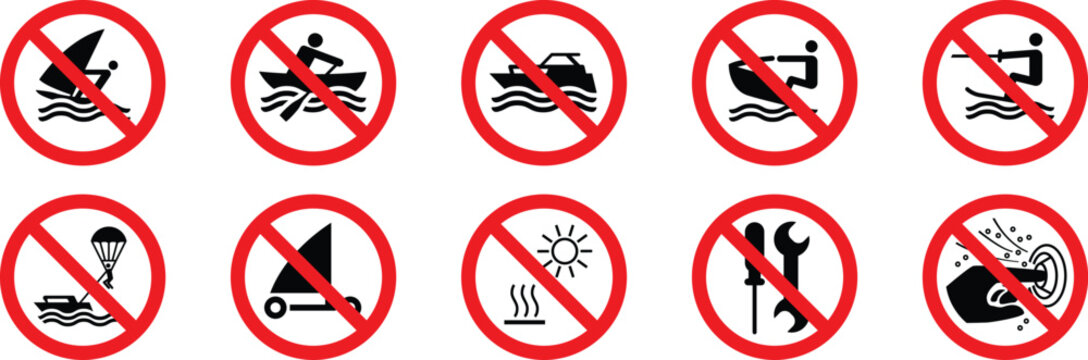 Prohibited water and beach activities icons set