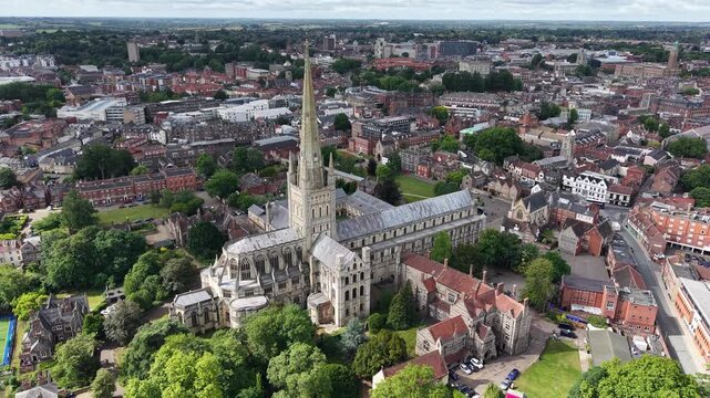 Aerial view of Norwich Cathedral, Norfolk, United Kingdom