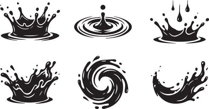 Black Water Splash and Liquid Wave Vector Set, Ink Splash, Paint Splatter, Ripple and Droplet Icons