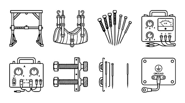 Set of electrical testing and industrial equipment line art icons.