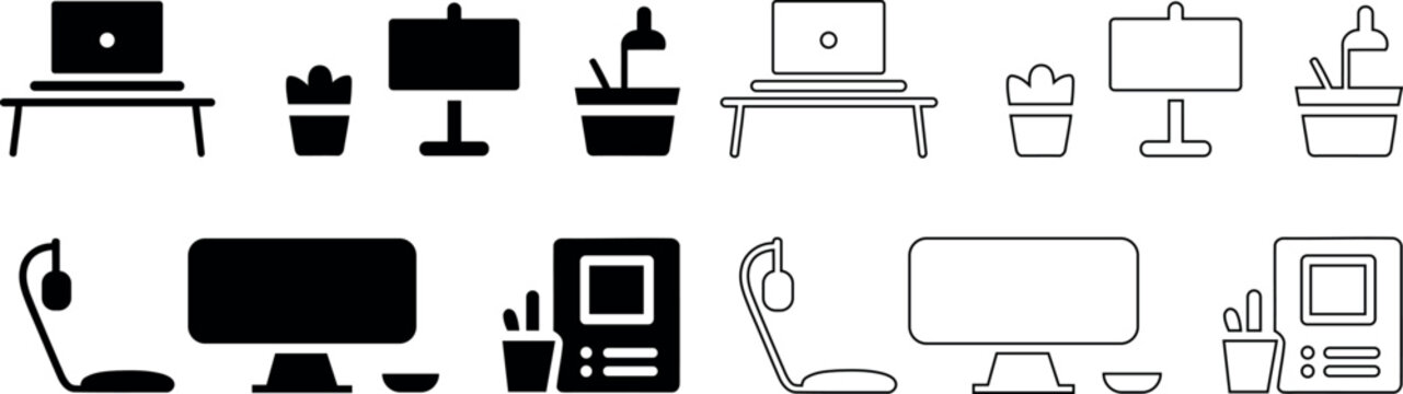 Various office equipment icons on white transparent background