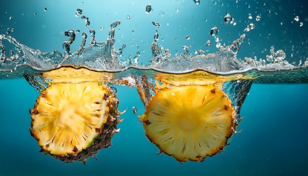 fresh pineapple slices diving into blue water with splashes for tropical vibes and refreshing summer feelings