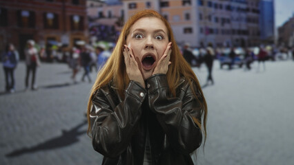 Fototapeta premium Redhead woman with hands on cheeks, mouth open in surprise, wearing a leather jacket on a street; spontaneous surprise.