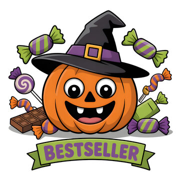 Pixel art halloween pumpkin character wearing a witch hat surrounded by colorful candy treats