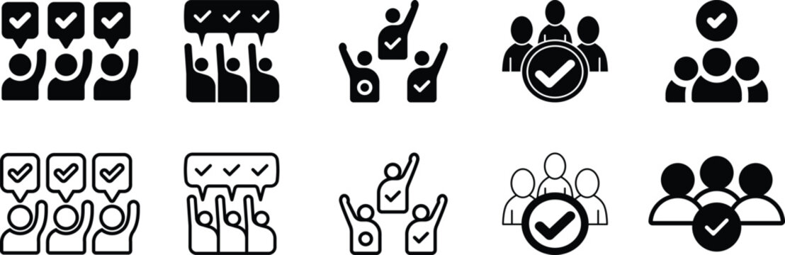 Group of people icons with checkmarks representing voting or approval.