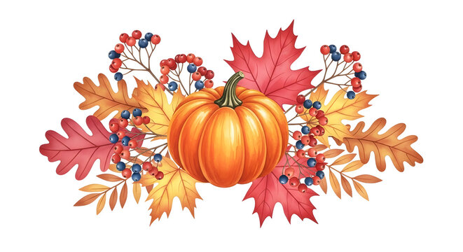Orange pumpkin with colorful autumn leaves and berries for harvest season decoration