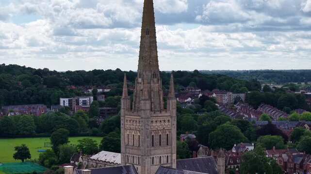 Drone close up of Norwich Cathedral spire, Norfolk, United Kingdom