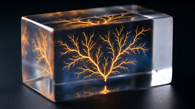 Lichtenberg figure electric tree pattern captured inside a glass block