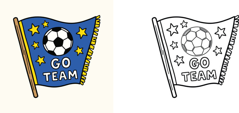 Sports pennant flag with soccer ball and stars saying go team illustration and coloring page for kids, cartoon soccer fan flag vector line art and colorful version.